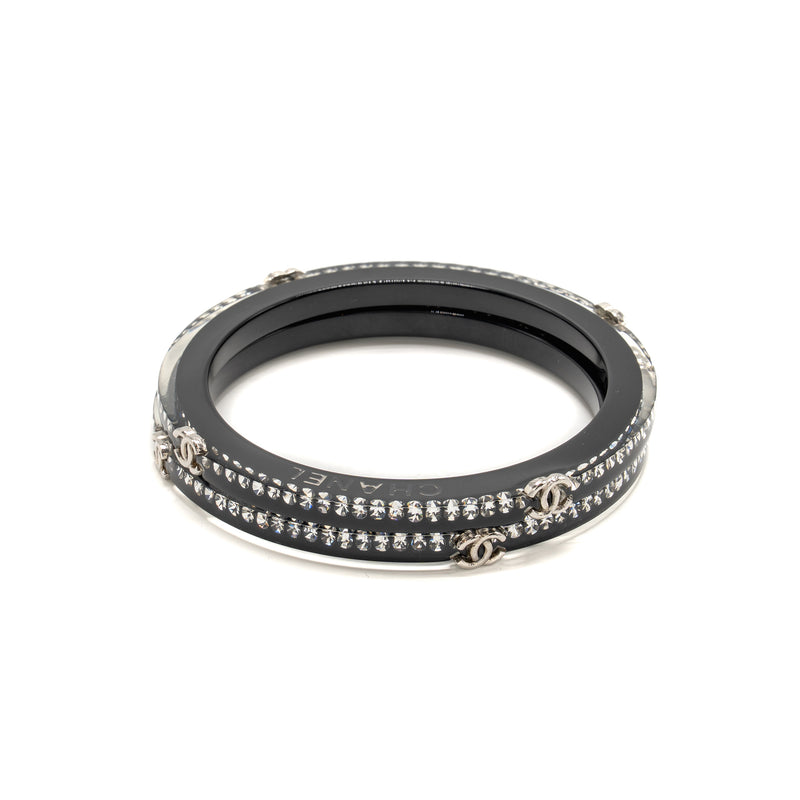 Chanel CC Logo Bracelet Resin / Crystal Black Silver Tone (Sell in a set)