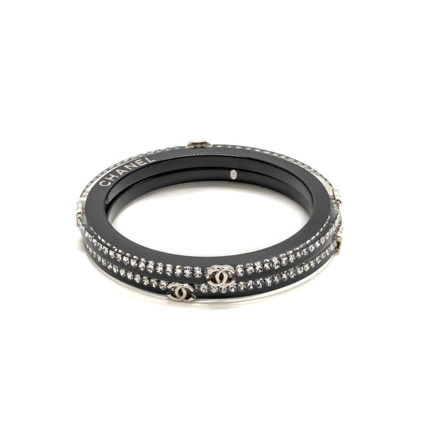 Chanel CC Logo Bracelet Resin / Crystal Black Silver Tone (Sell in a set)