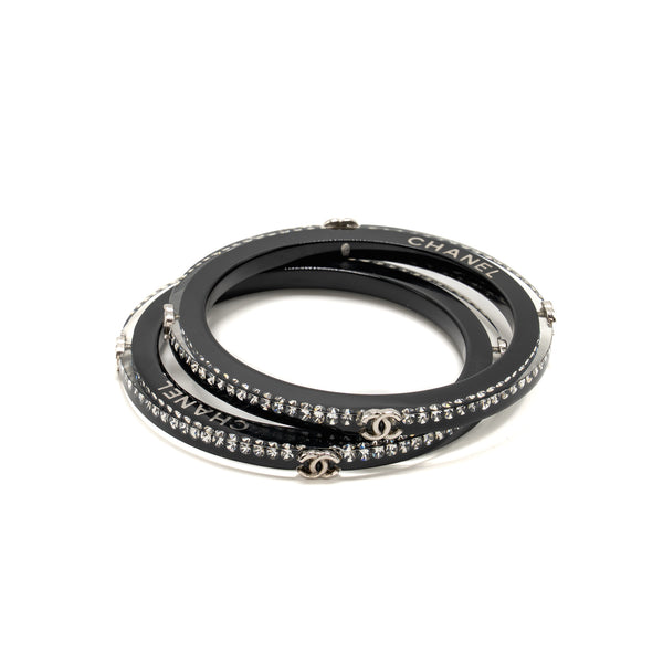 Chanel CC Logo Bracelet Resin / Crystal Black Silver Tone (Sell in a set)