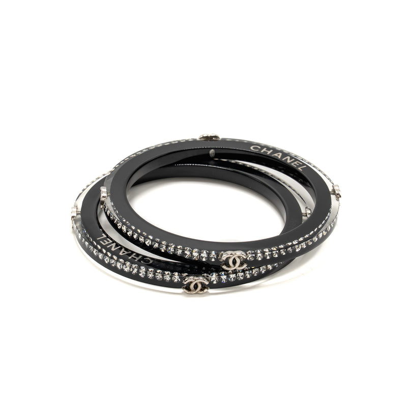 Chanel CC Logo Bracelet Resin / Crystal Black Silver Tone (Sell in a set)