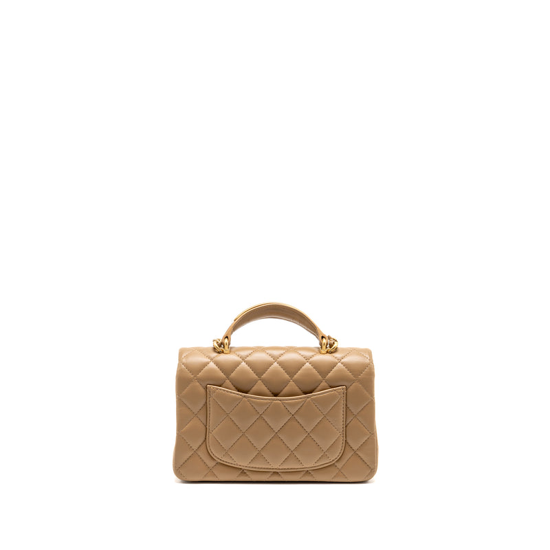 Chanel Top Handle Mini Rectangular Lambskin Dark Beige GHW (Microchip)