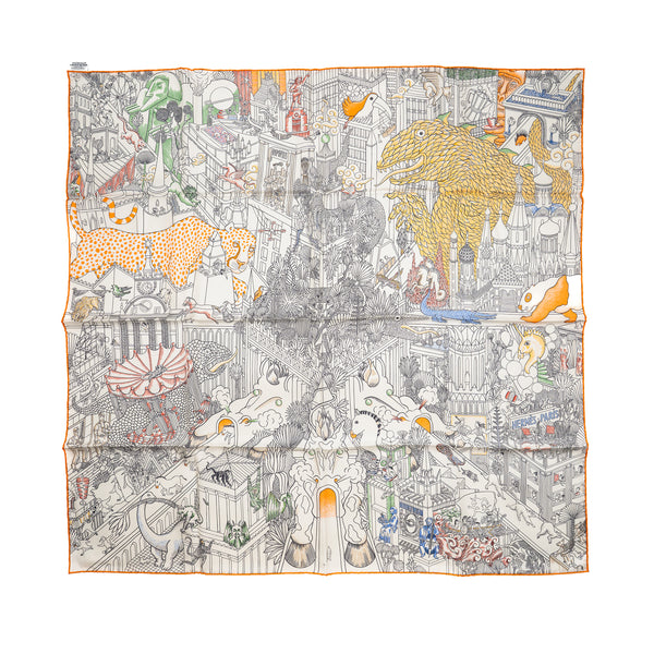 Hermes 90cm Silk Scarf Animapolis White / Multicolour