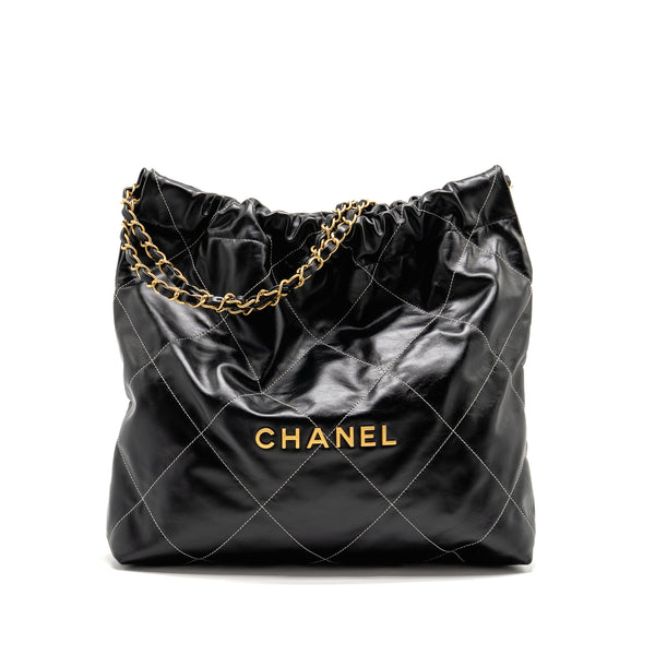 Chanel Small 22 Bag White Stitching Calfskin Black GHW (Microchip)