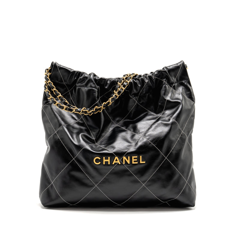 Chanel Small 22 Bag White Stitching Calfskin Black GHW (Microchip)