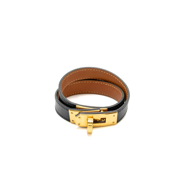 Hermes Size S Kelly Double Tour Bracelet Calfskin Black GHW Stamp Square P