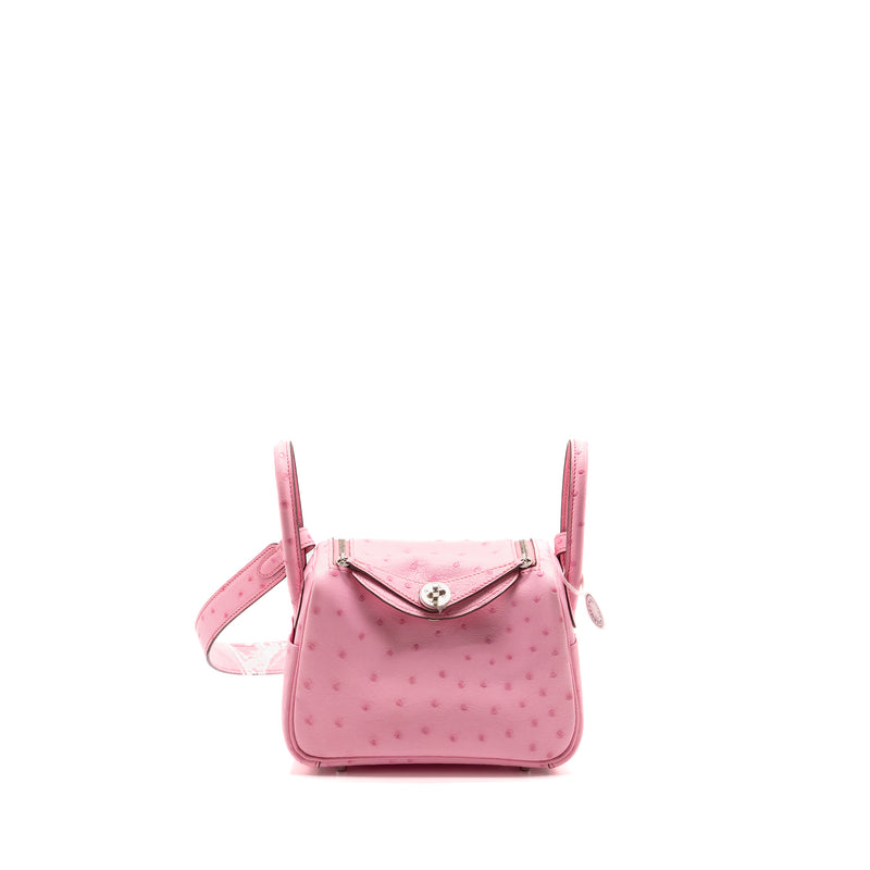 Hermes Mini Lindy Ostrich Rose Bubblegum SHW Stamp W