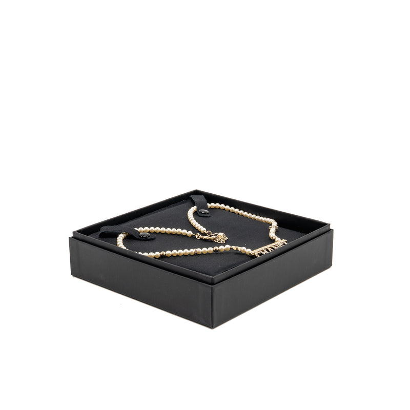 Chanel Letter Logo Necklace Crystal/Pearl Light Gold Tone