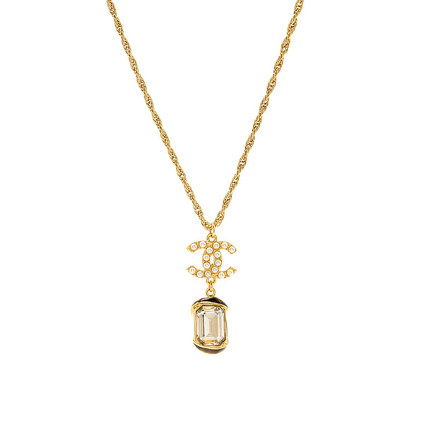 Chanel Pearl CC Pendant with Crystal Drop Necklace Gold Tone