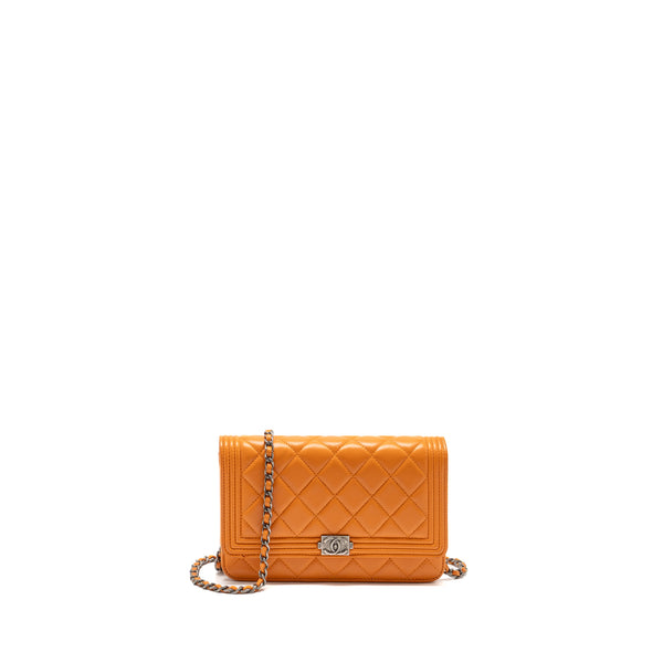 Chanel boy wallet on chain lambskin orange ruthenium silver hardware