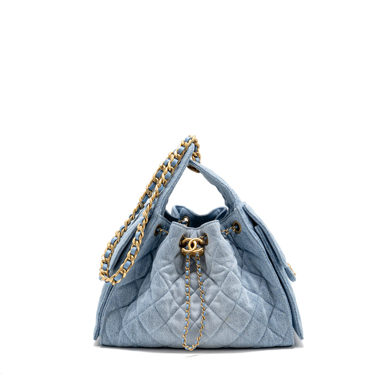 Chanel small 25 bag washed denim light blue GHW (microchip)