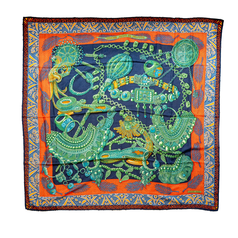 Hermes 140CM Zenobie Reine De Palmyre Scarf Cashmere/Silk Marine/Vert/Orange