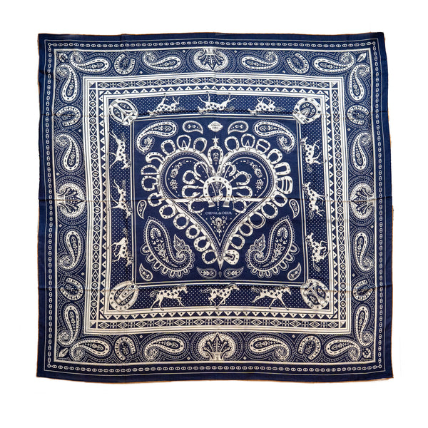 Hermes 140cm Cheval de Coeur Bandana Shawl Cashmere/Silk Bleu Marine/ Blanc/ Noisette