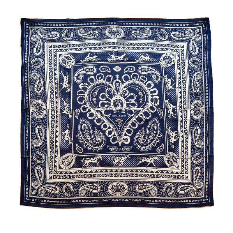 Hermes 140cm Cheval de Coeur Bandana Shawl Cashmere/Silk Bleu Marine/ Blanc/ Noisette