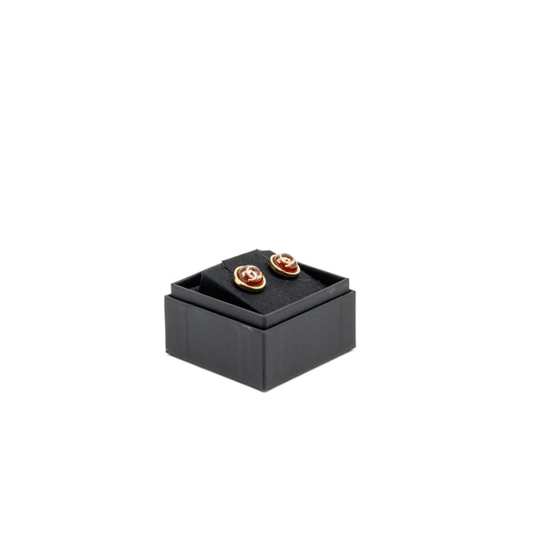 Chanel Round CC Logo Earrings Red Gold Tone