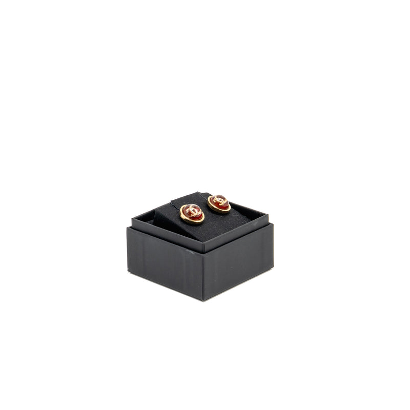 Chanel Round CC Logo Earrings Red Gold Tone