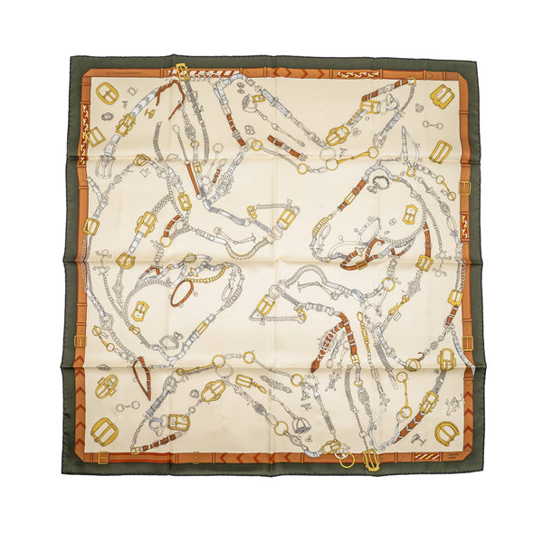 Hemes 90cm Silk Scarf Les Chevaux Dechaines Ivoire/ Vert Loden/ Vieil Or