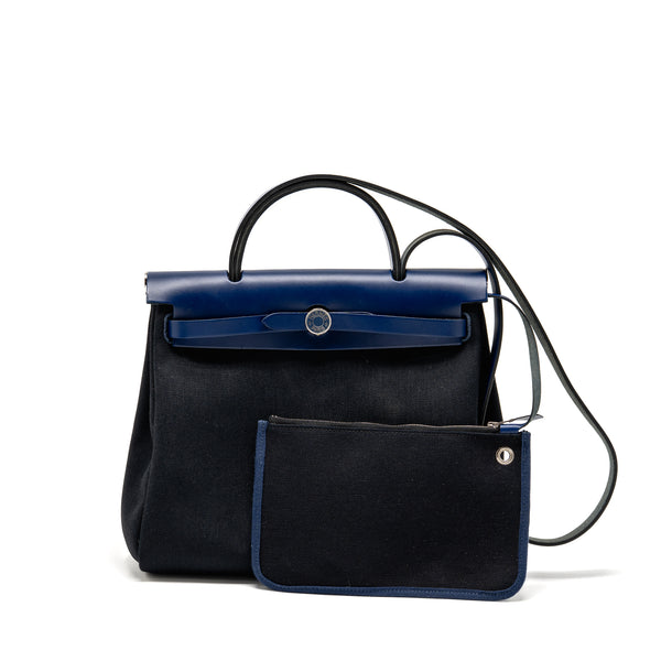 Hermes Herbag 31 zip bag canvas/leather black/blue saphir SHW stamp U