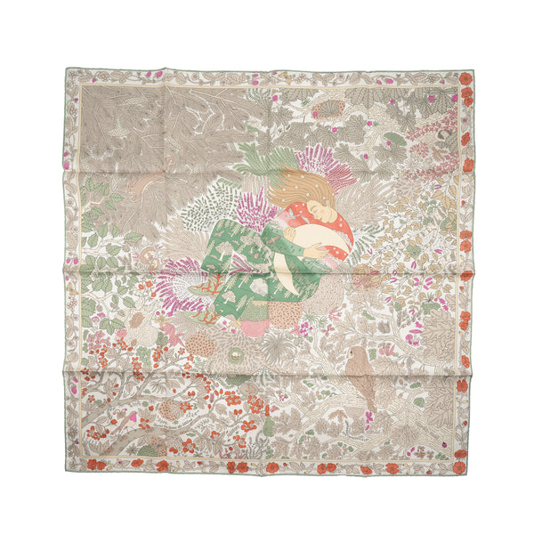 Hemes 90cm Silk Scarf Dans Les Bras de Selene Blanc/ Rose/ Vert