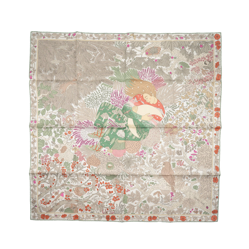 Hemes 90cm Silk Scarf Dans Les Bras de Selene Blanc/ Rose/ Vert