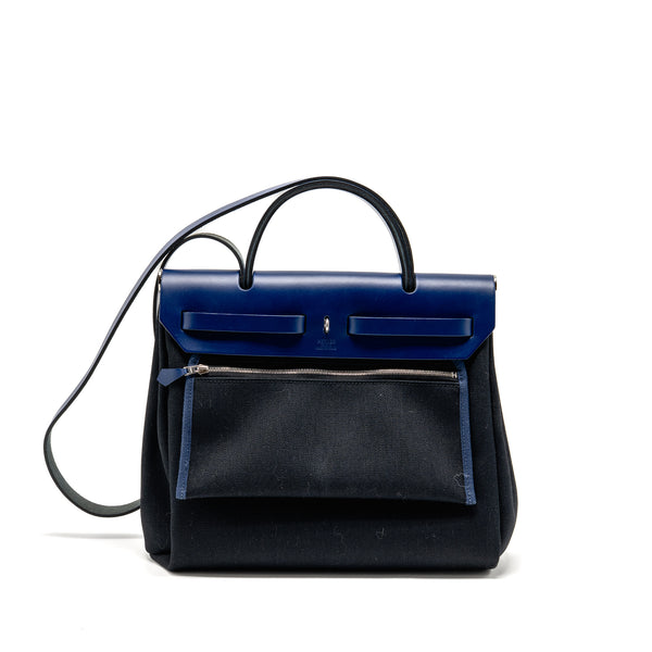 Hermes Herbag 31 zip bag canvas/leather black/blue saphir SHW stamp U