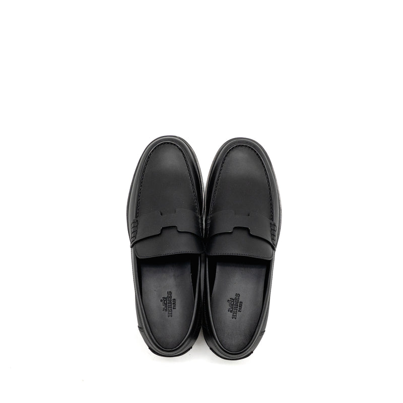 Hermes Size 37 Mocassins Hitch Loafer Glazed Calfskin Black