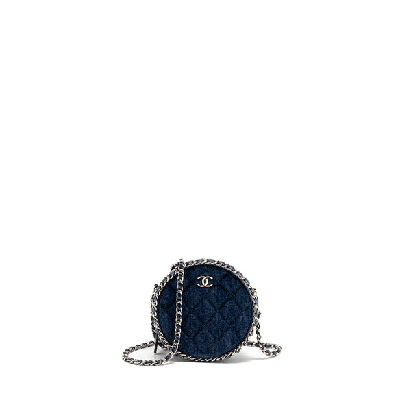 Chanel CC Quilted Round Clutch with Chain Denim Dark Blue SHW