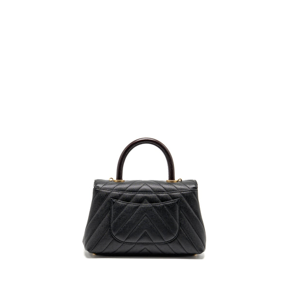 Chanel small coco handle with lizard embossed handle chevron caviar black GHW