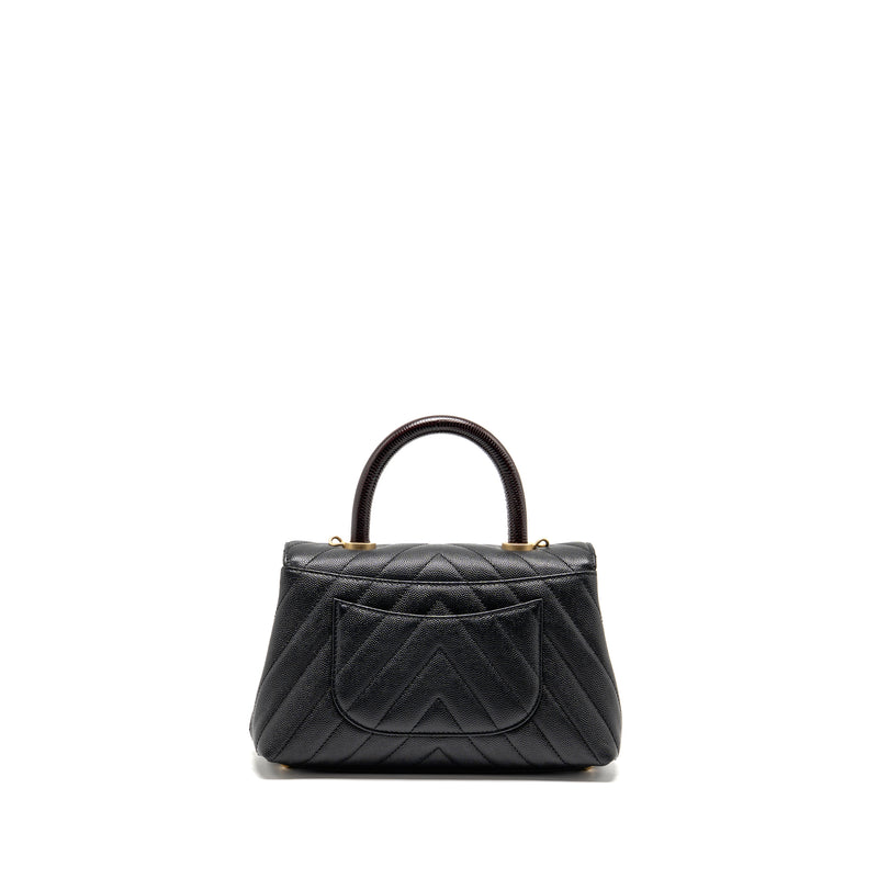 Chanel small coco handle with lizard embossed handle chevron caviar black GHW