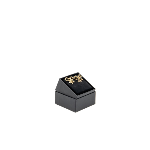 Chanel Leather Weave Bow Earrings Black Gold Tone