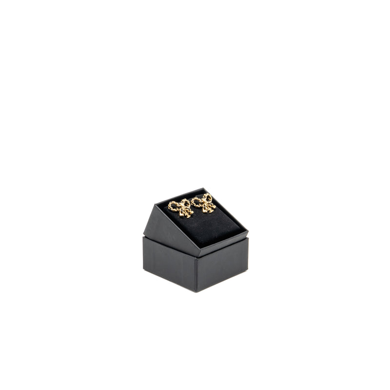 Chanel Leather Weave Bow Earrings Black Gold Tone