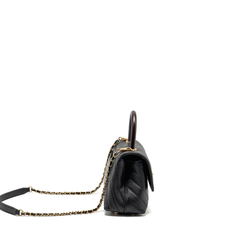 Chanel small coco handle with lizard embossed handle chevron caviar black GHW
