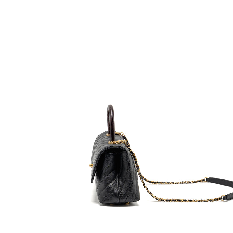 Chanel small coco handle with lizard embossed handle chevron caviar black GHW