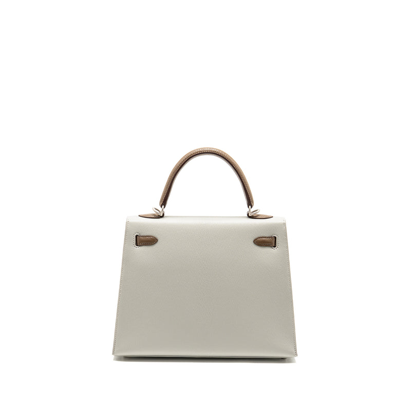 Hermes Kelly 25 Special Order Chèvre Mysore Gris Perle/Etoupe Brushed SHW Stamp Z