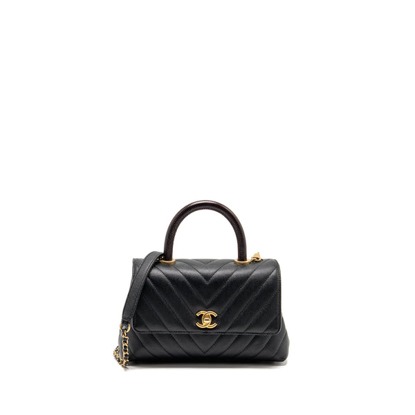 Chanel small coco handle with lizard embossed handle chevron caviar black GHW
