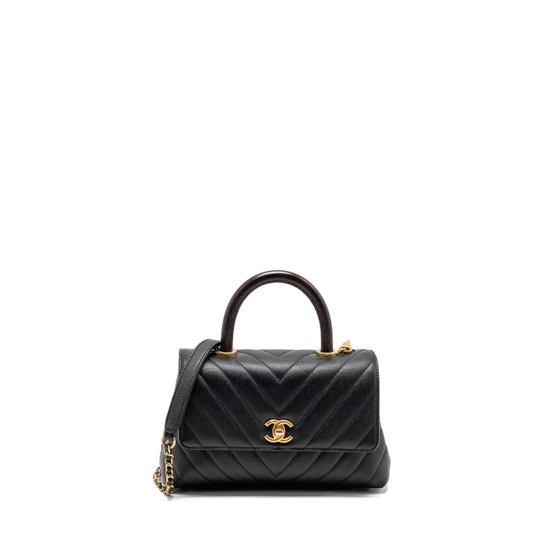 Chanel small coco handle with lizard embossed handle chevron caviar black GHW