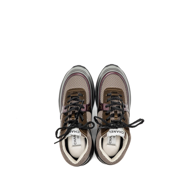 CHANEL SIZE 39 CC LOGO SNEAKERS FABRIC/LAMINATED KHAKI/SILVER/DARK PURPLE