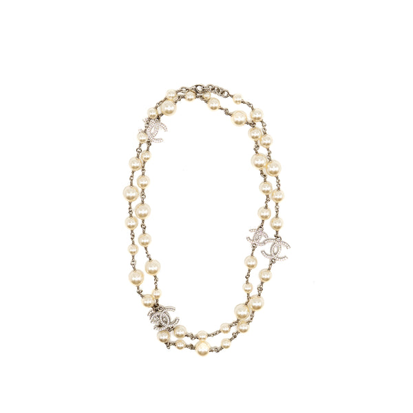 Chanel CC and pearl long necklace silver tone