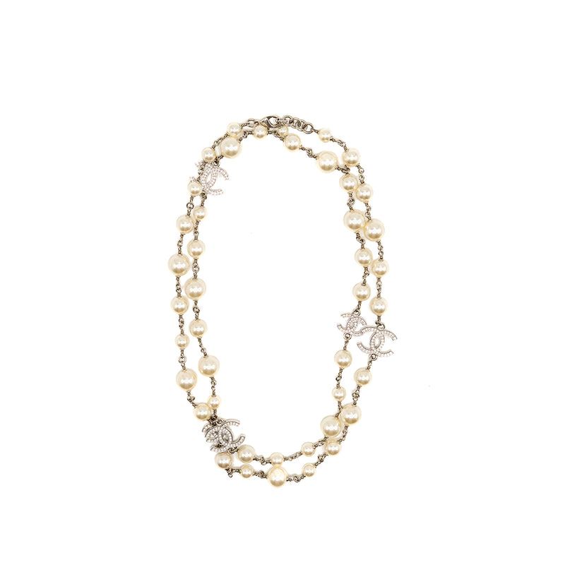 Chanel CC and pearl long necklace silver tone