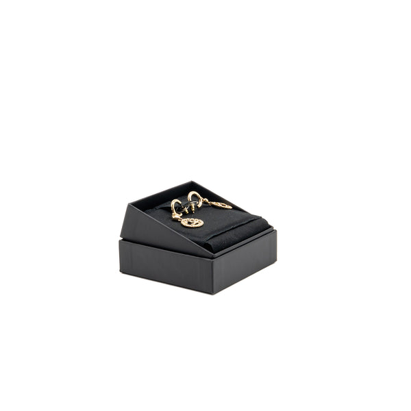 Chanel Heart Circle CC Drop Earrings Light Gold Tone