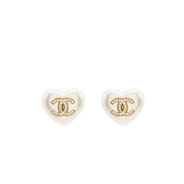 CHANEL Heart Pearl with Crystal CC Logo Earrings Light Gold Tone