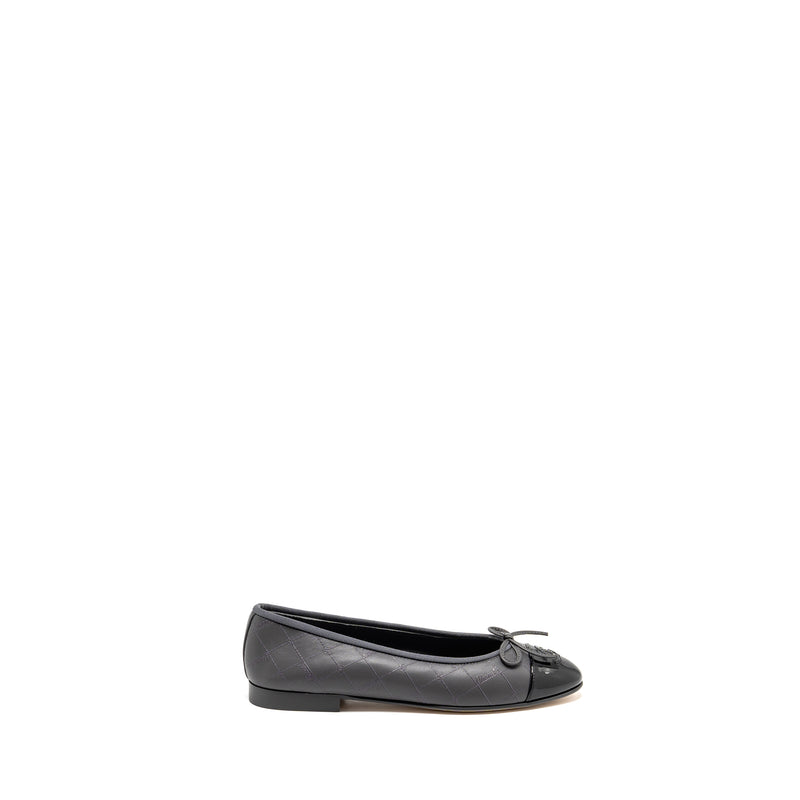 Chanel Size 37.5 Ballet Flats Lambskin/Patent Grey/Black