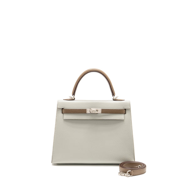 Hermes Kelly 25 Special Order Chèvre Mysore Gris Perle/Etoupe Brushed SHW Stamp Z