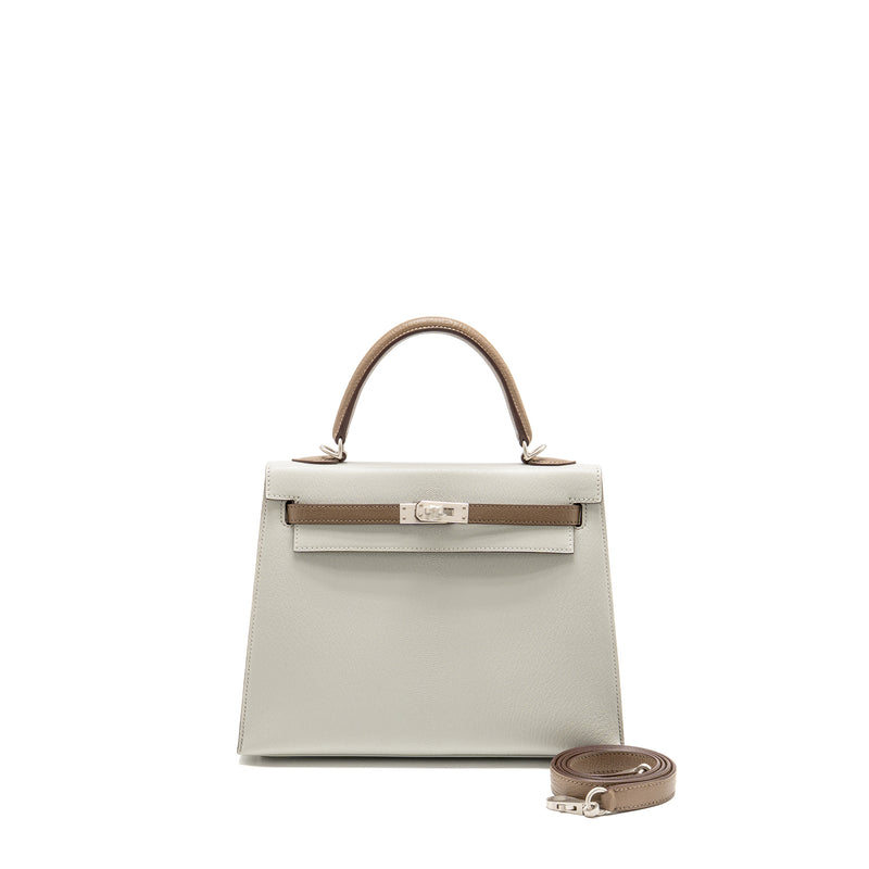 Hermes Kelly 25 Special Order Chèvre Mysore Gris Perle/Etoupe Brushed SHW Stamp Z