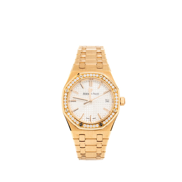 Audemars Piguet Royal Oak 34mm white dial diamond bezel self winding rose gold 77351OR