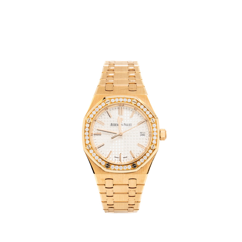 Audemars Piguet Royal Oak 34mm white dial diamond bezel self winding rose gold 77351OR
