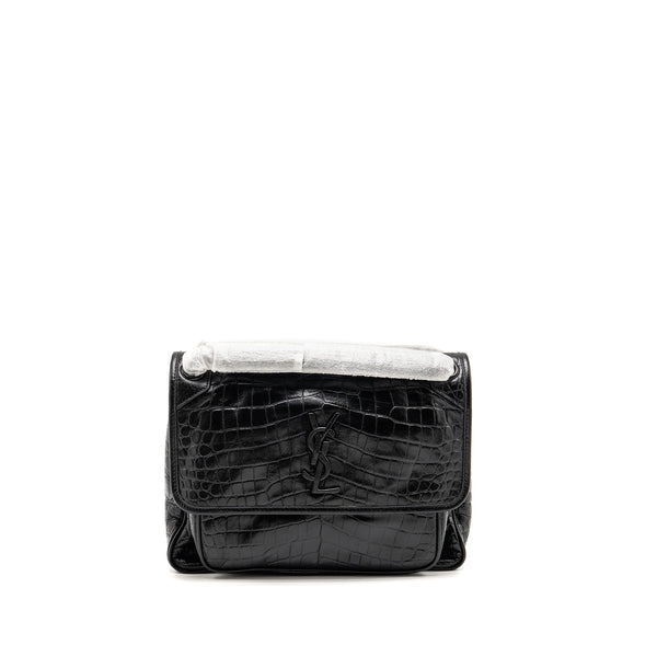 Saint Laurent / YSL Medium Niki Bag Crocodile-Embossed Black Calfskin Black Hardware