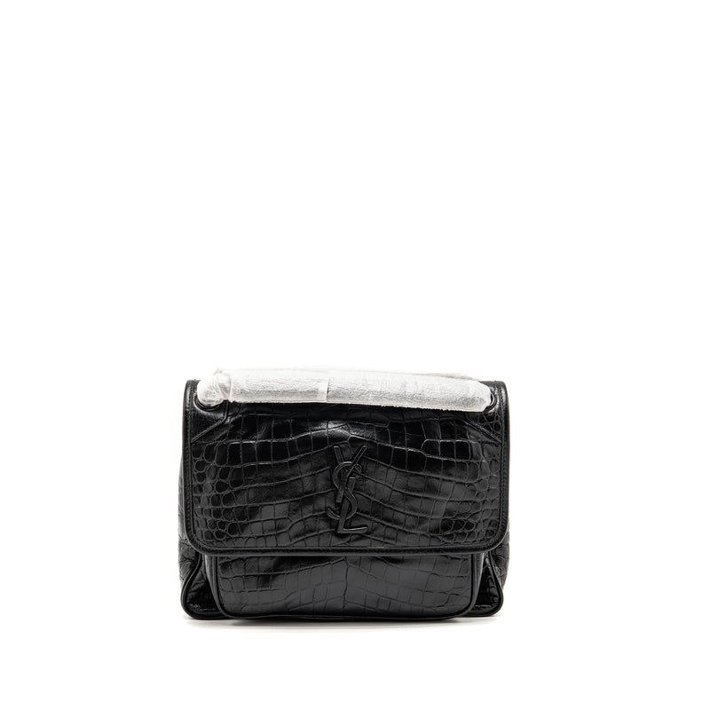 Saint Laurent / YSL Medium Niki Bag Crocodile-Embossed Black Calfskin Black Hardware