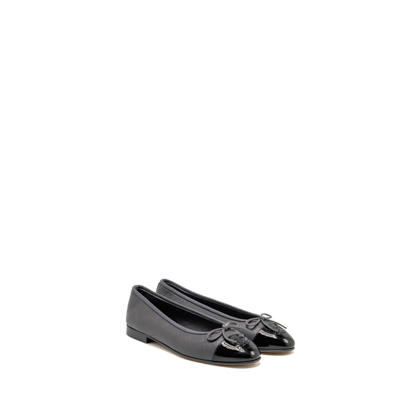 Chanel Size 37.5 Ballet Flats Lambskin/Patent Grey/Black
