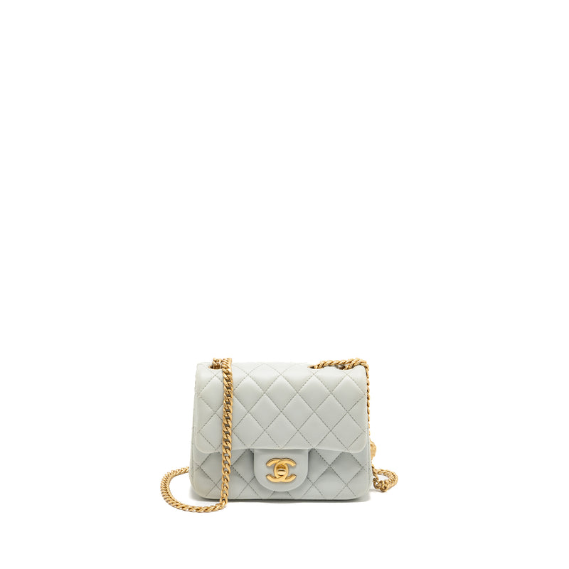 Chanel Camellia Adjustable Chain Mini Square flap bag Lambskin light grey GHW (microchip)