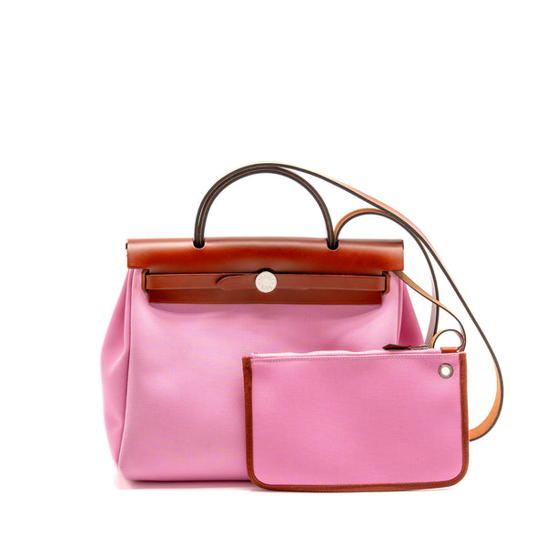 Hermes Herbag 31 Zip Bag Canvas/Hunter Leather Pink/Cuivre SHW Stamp Y